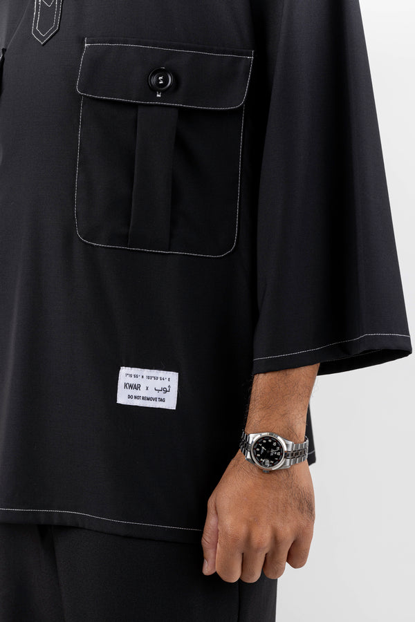THAWB AND KWAR: Men's Type-02 Black Oversized Junayd ¾ Sleeve Tunic