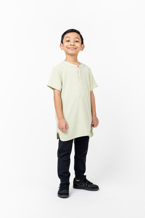 Boy's Cotton Viscose Oversized Fit Slim Placket Top (Grandad Collar)