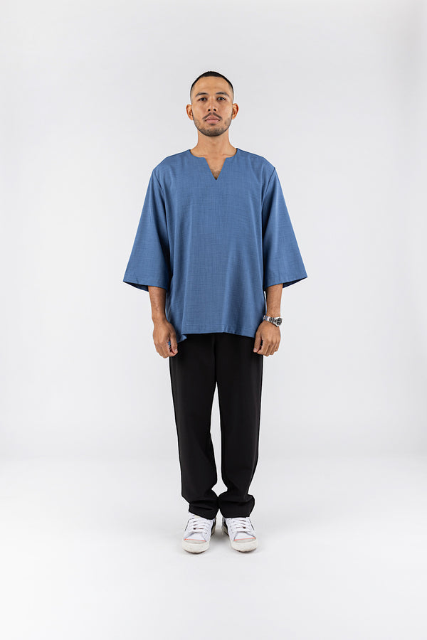 Relaxed Fit V-Neck Poly-Cotton ¾ Sleeve Top